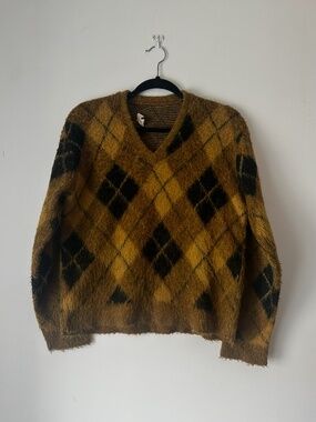 Vintage Mohair Argyle Sweater Grunge Kurt Cobain Style Fuzzy Knit Mustard Brown